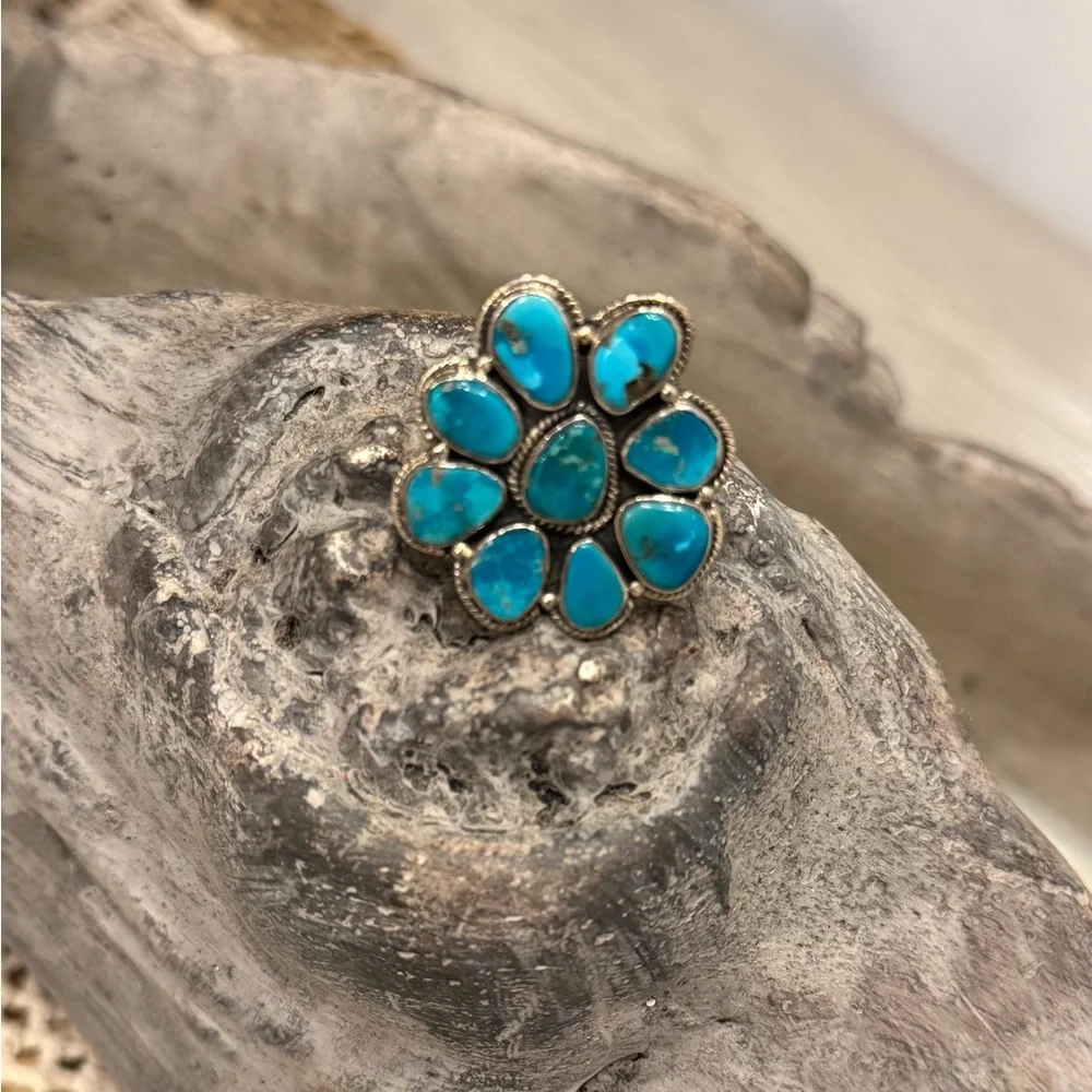 TURQUOISE/SILVER CLUSTER RING - Picture 5 of 12